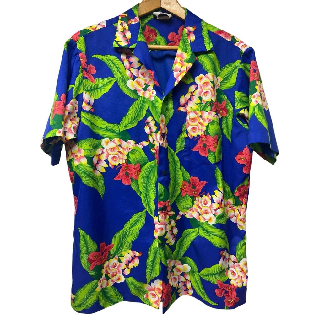 Vintage Hilo Hattie Mens Sz Large Hawaiian Button Up Shirt Blue Colorful Floral